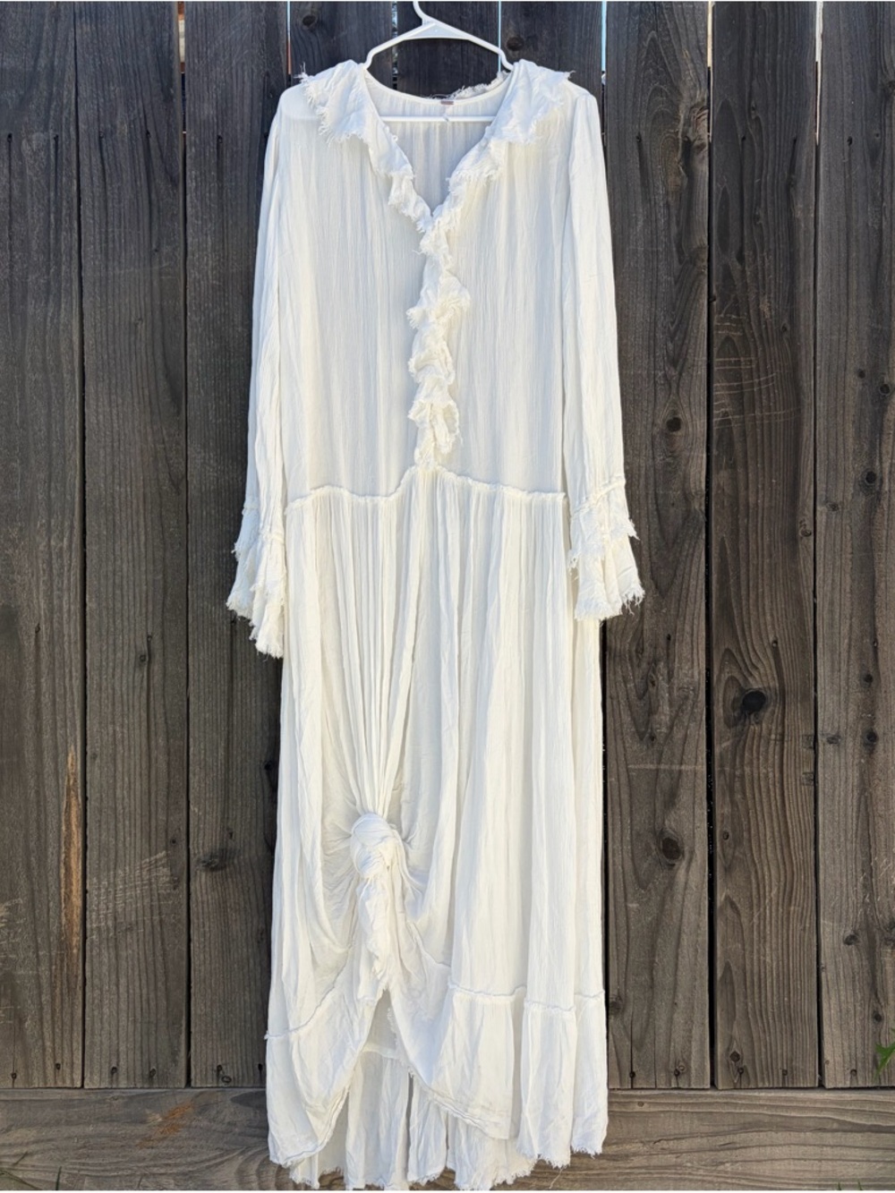 Free People White Boho Maxi Dress Medium Long Sleeve Ruffle Raw Hem Festival